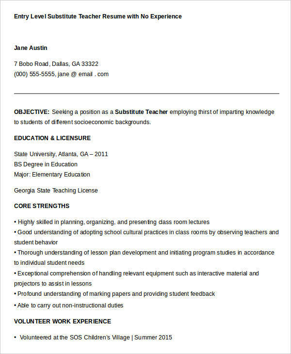 sample resume for substitute teacher with no experience