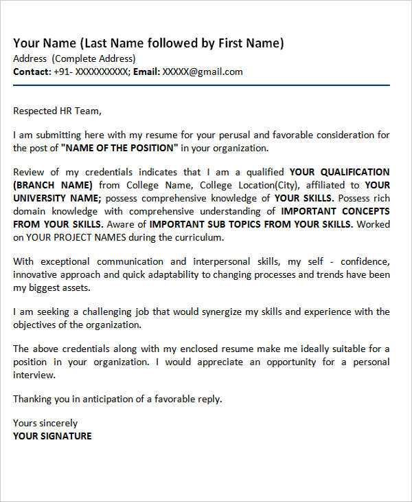 cover letter for fresher resume