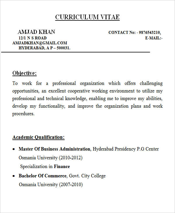 mba finance fresher resume