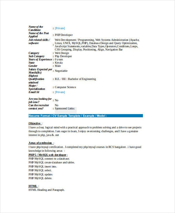 php fresher resume format