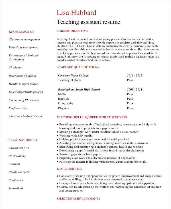 resume for job application teacher