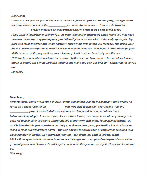 company apology letter to team