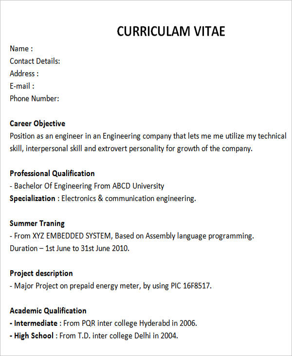 fresher engineering resume format