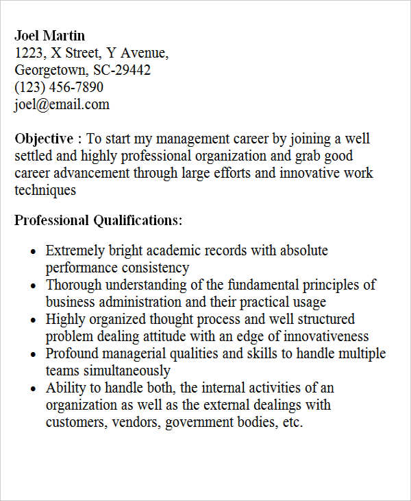 mba fresher resume objective