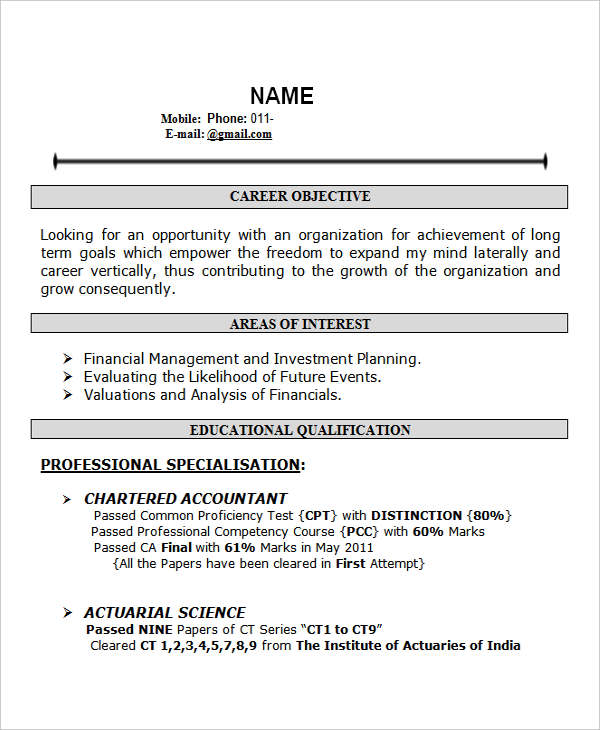 resume format for freshers career objective