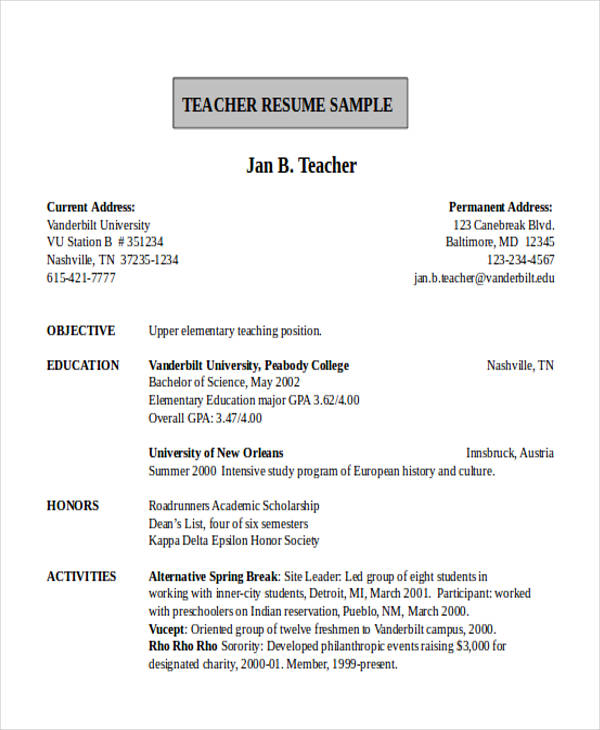 teachers resume templates free download word