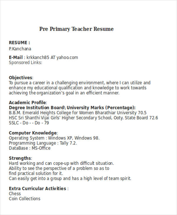 resume for primary teacher