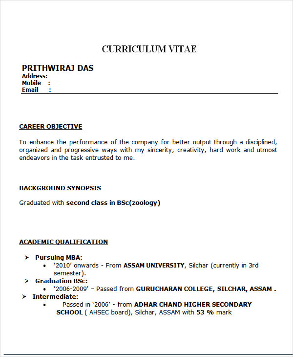 resume template for mba freshers