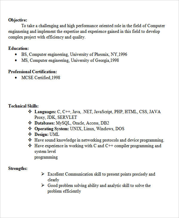 fresher computer engineer resume