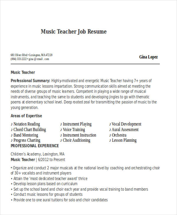 music teacher job resume