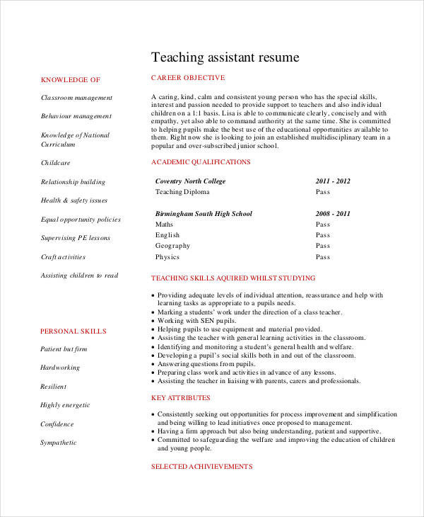 teacher assistant resume pdf