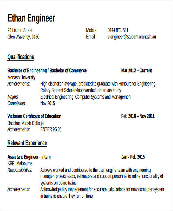 resume format for engineering students