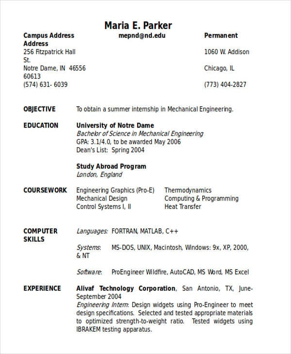 engineering resume doc format