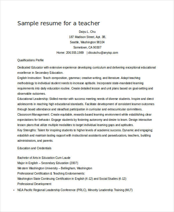 resumes for teachers leaving profession