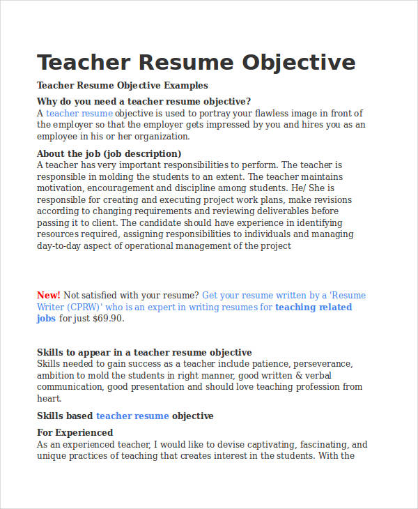 Experienced Teacher Resume Examples