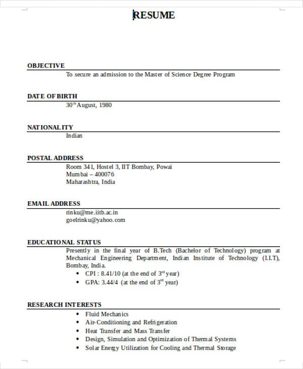 resume template for freshers college students