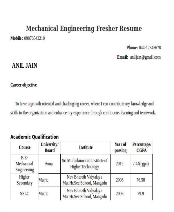 mechanical engineering fresher resume