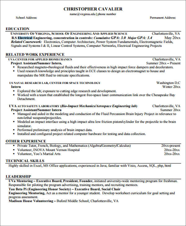 electrical engineering student resume
