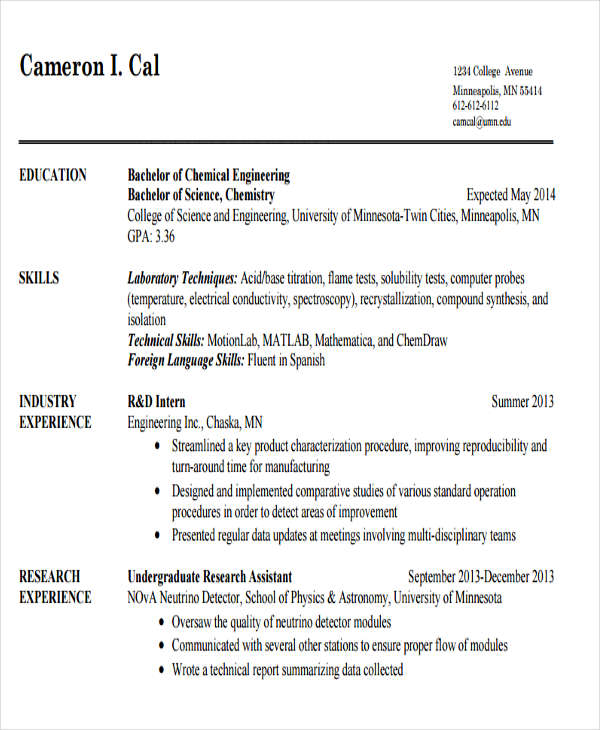 chemical engineering student resume