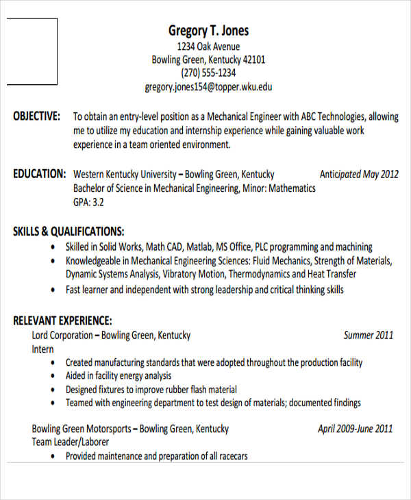 entry level mechanical engineering resume