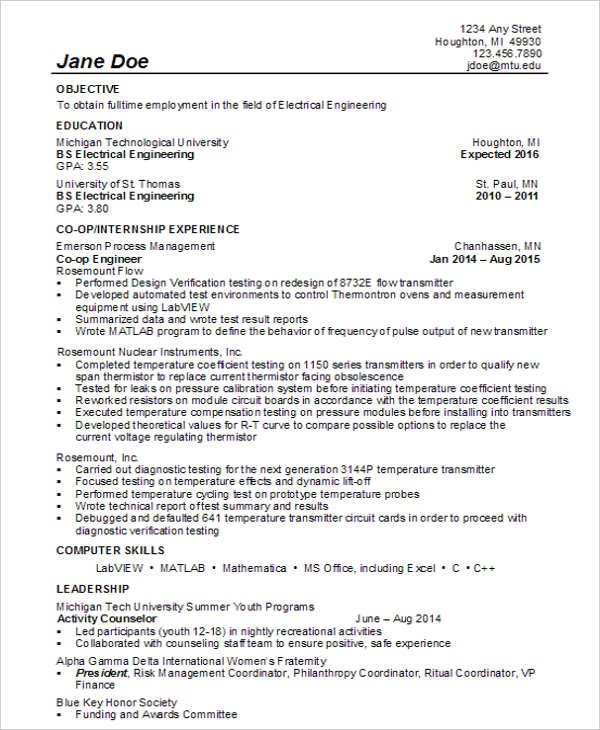 electrical engineering student resume