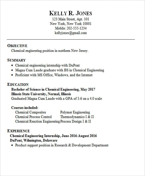 Chemical engineering phd resume