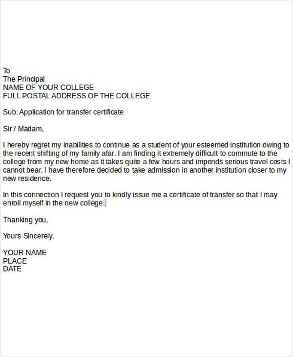 college tc application letter format