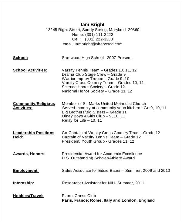 sample resume for high school student