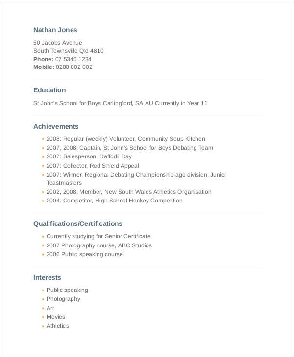 resume example for student with no work experience