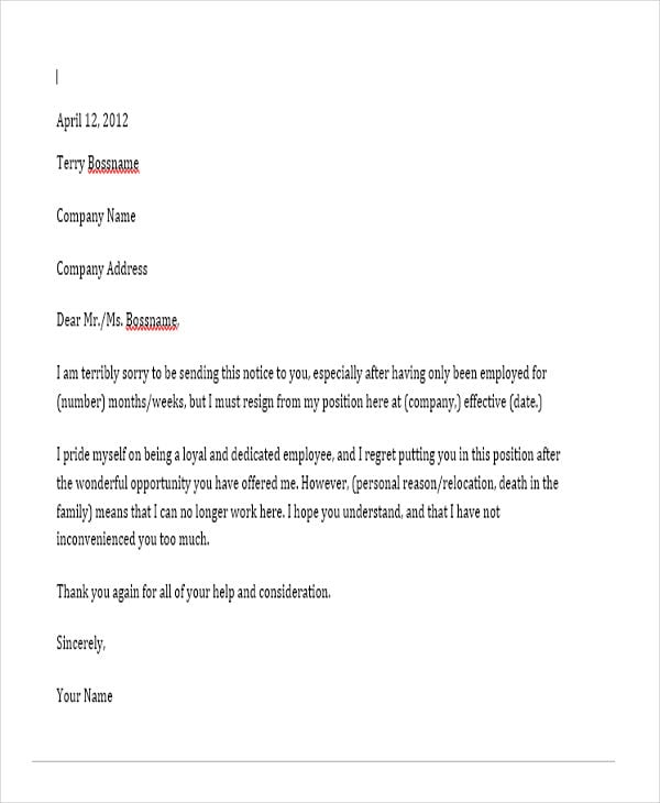 short employment resignation letter