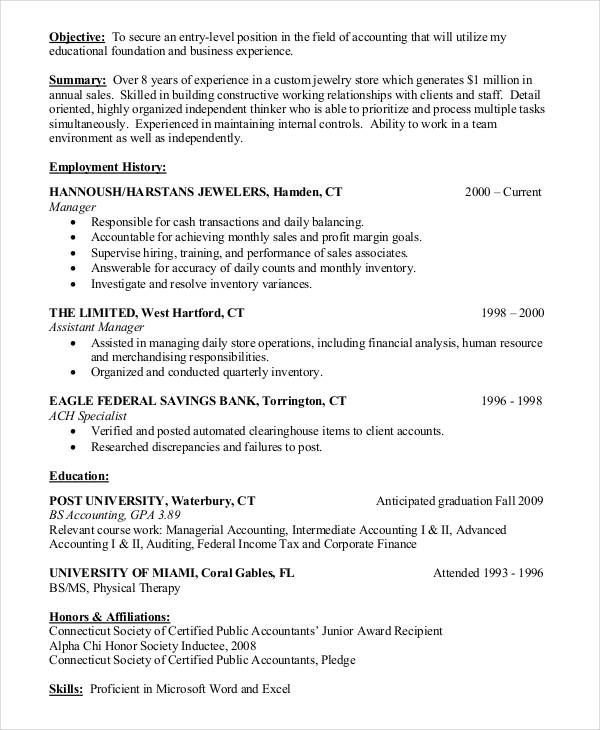 resume objective examples accounting