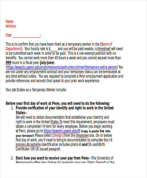 temporary designer appointment letter
