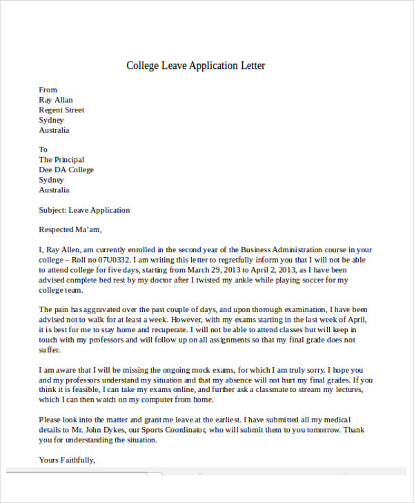 leave application letter for college