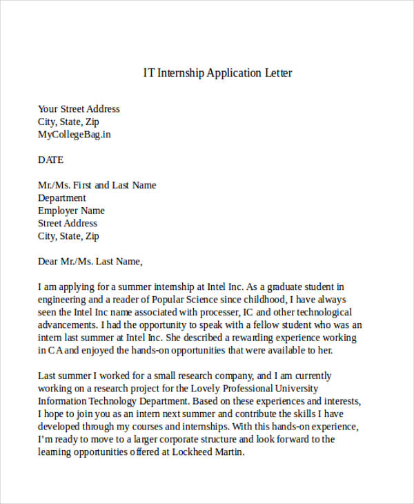 it internship application letter