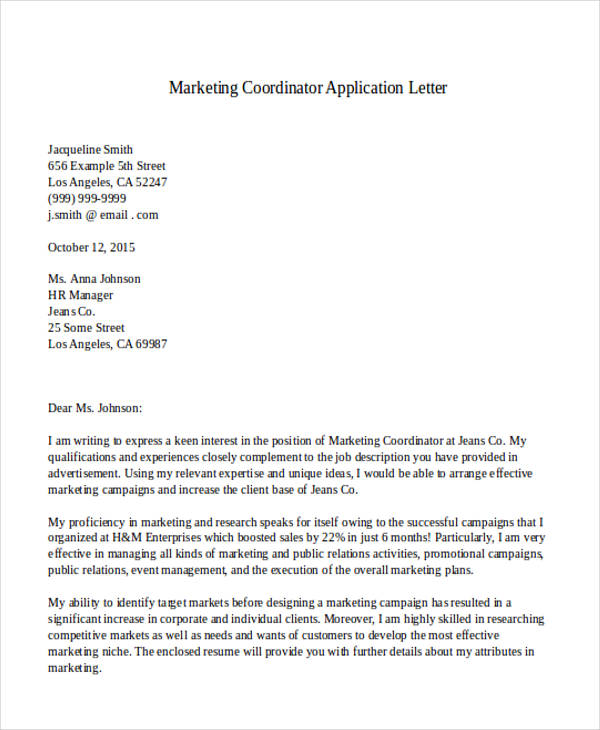 marketing coordinator application letter