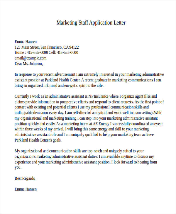marketing staff application letter