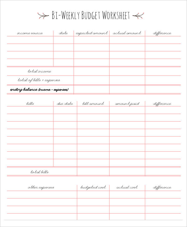 B bi Weekly Budget Editable Worksheet Template Printable