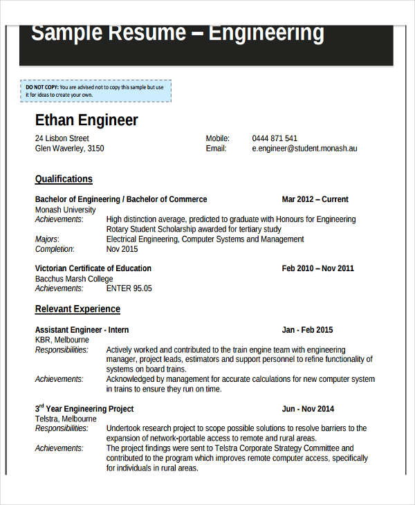 engineering student fresher resume