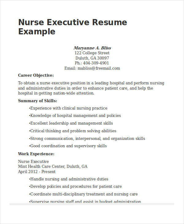 nurse executive resume sample