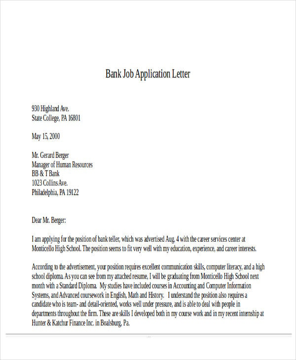 application letter for job at bank