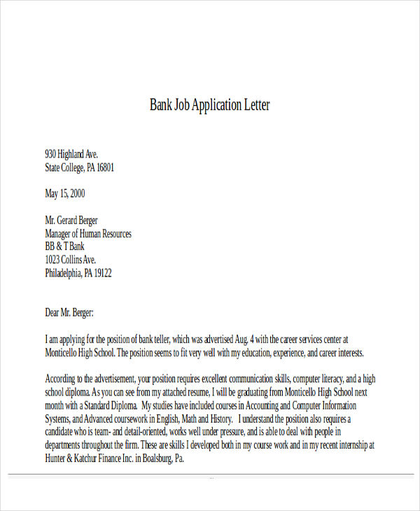 application letter sample for bank job