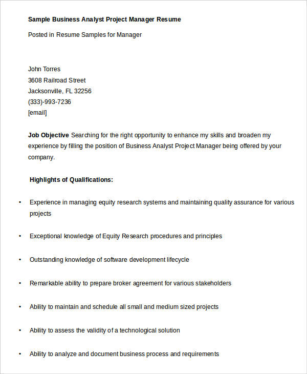 business analyst project manager resume sample