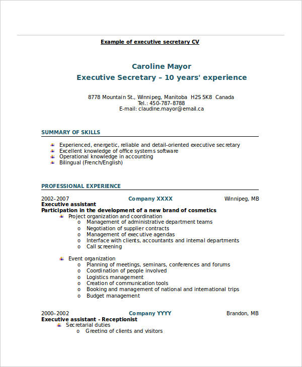 executive secretary job resume