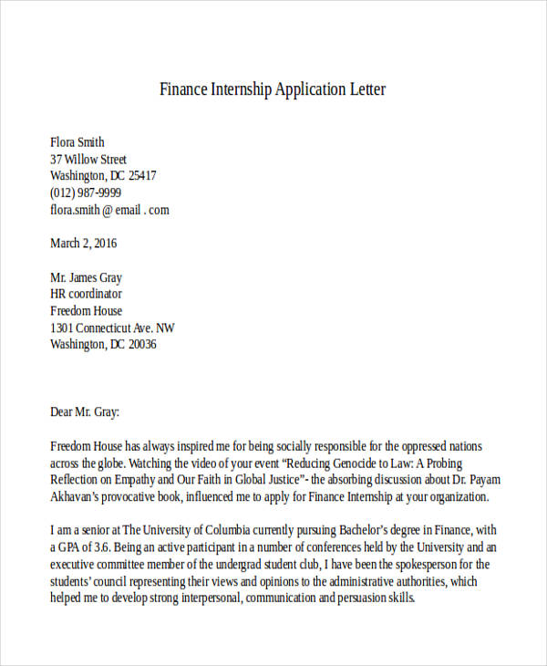 finance internship application letter