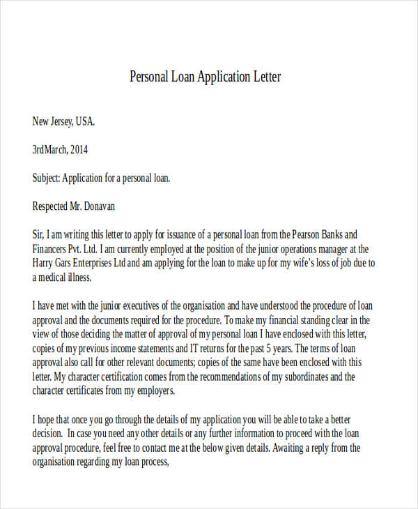 personal loan application letter