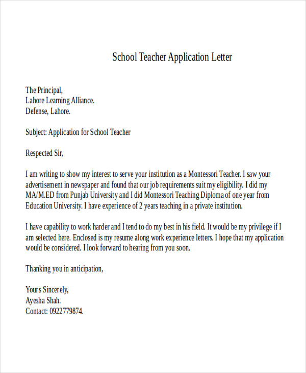 Sample Application Letter For Teacher 2