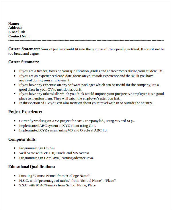 resume format for software developer