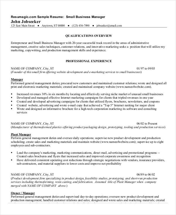 small business manager resume