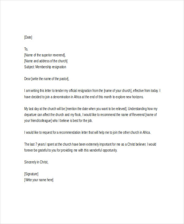 Church Resignation Letter Template 9+ Free Word, PDF