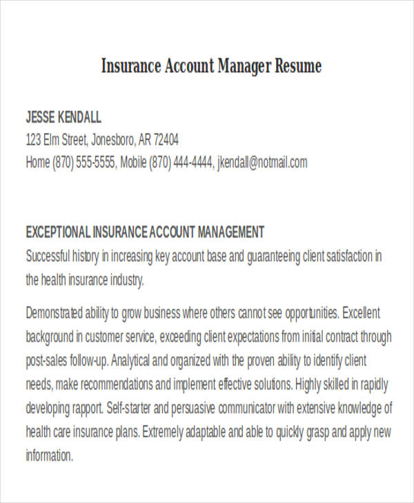 insurance account manager resume
